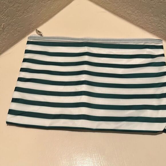 Playboy Zip Top Waterproof Beach Pouch White Green Stripe Toiletry Cosmetic Bag - Picture 2 of 9